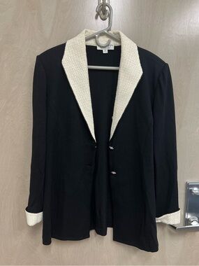 St John Evening Marie Gray Vintage Knit Blazer Jacket 16 Black Cream Shimmer